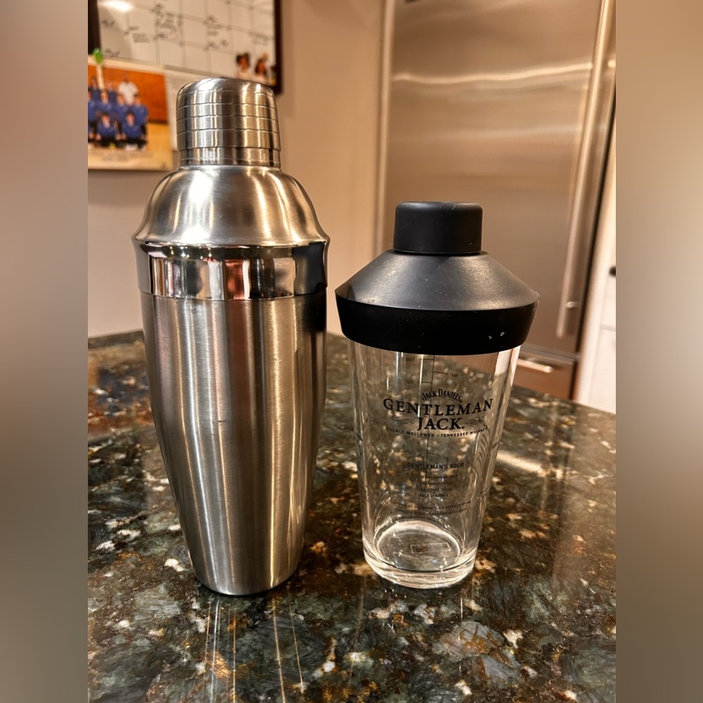 2 martini shakers, one stainless, the other glass with rubber top
